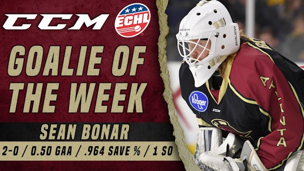 Sean Bonar Named CCM ECHL Goaltender of the Week