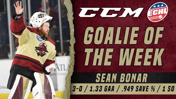 Bonar Named CCM ECHL Goaltender of the Week for Second Time