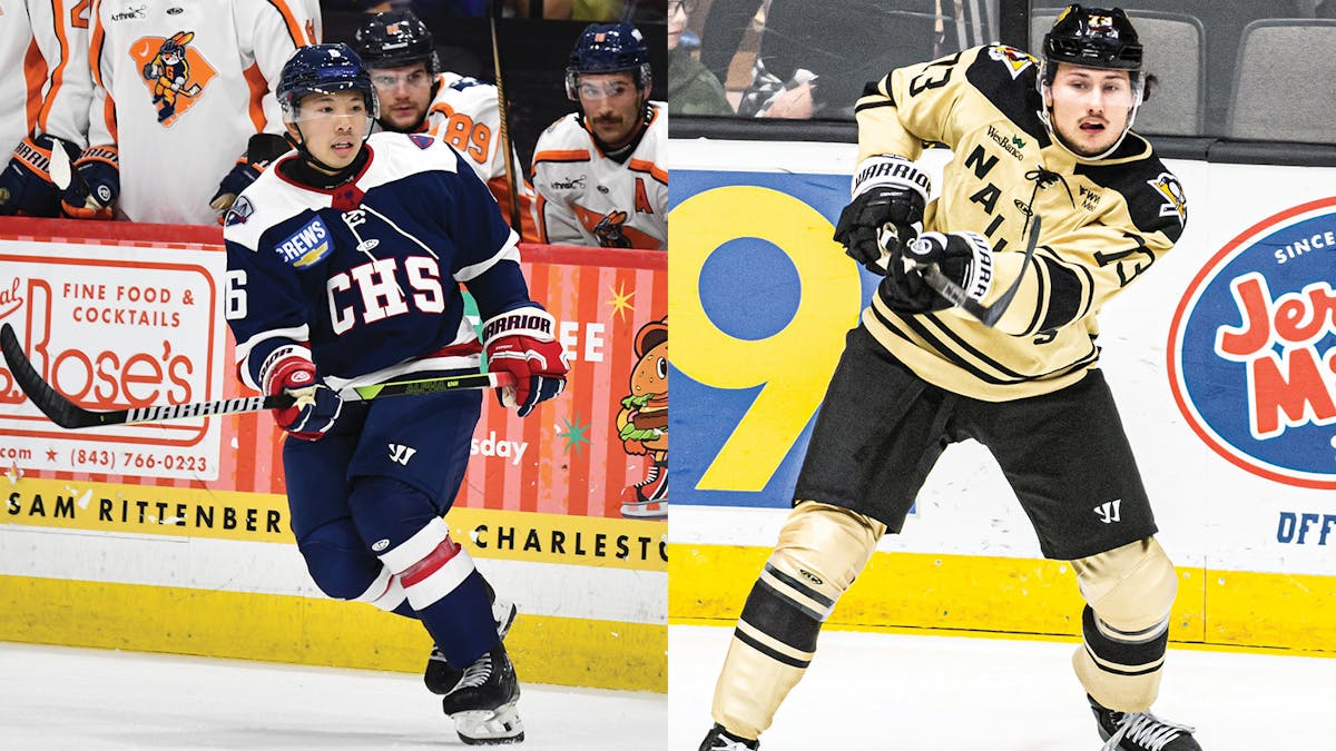 Action photos of South Carolina's Jayden Lee and Wheeling's Mats Lindgren