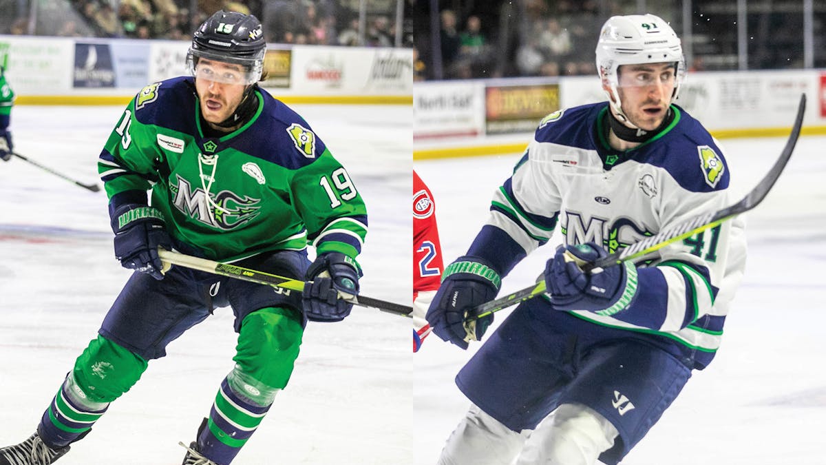 Action photos of Xander Lamppa and Alex DiPaolo of the Maine Mariners