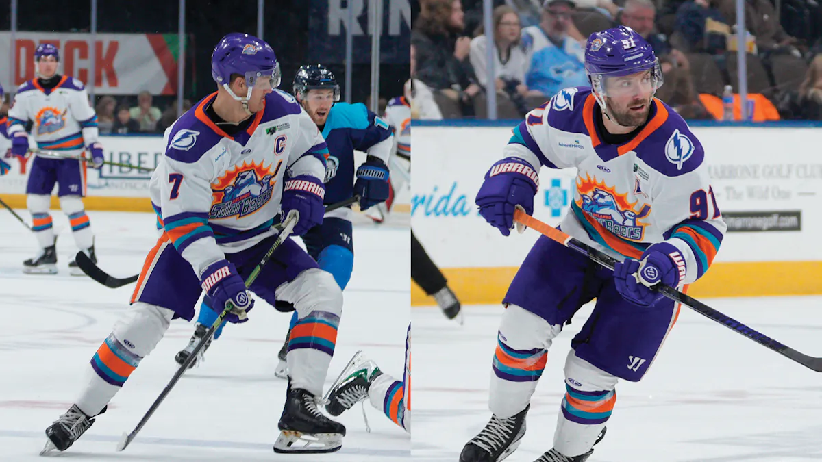 Action photos of Tyler Bird and Aaron Luchuk of the Orlando Solar Bears