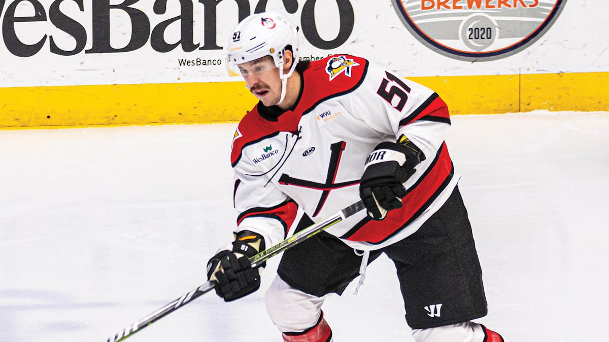 Action photo of Jordan Martel of the Wheeling Nailers