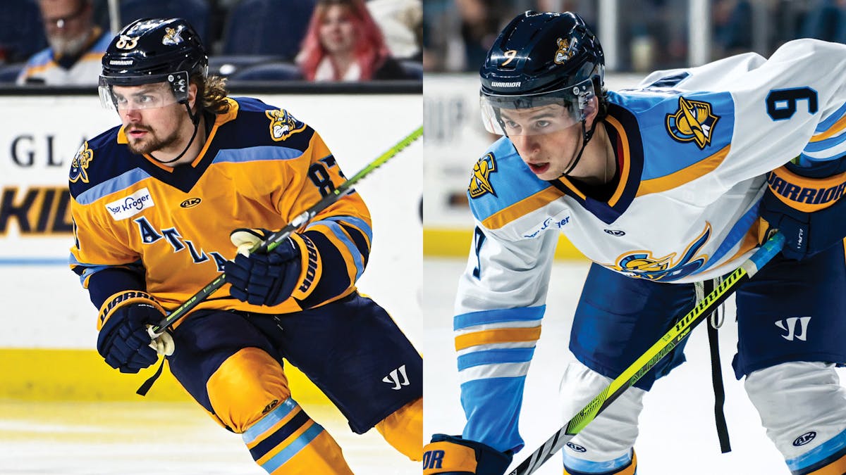 Action photos of Carson Denomie and Mitch Walinski of the Atlanta Gladiators