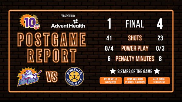 Solar Bears fall 4-1 to Admirals