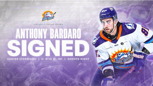 Orlando Solar Bears Agree to Terms with Anthony Bardaro for 2025-26 season