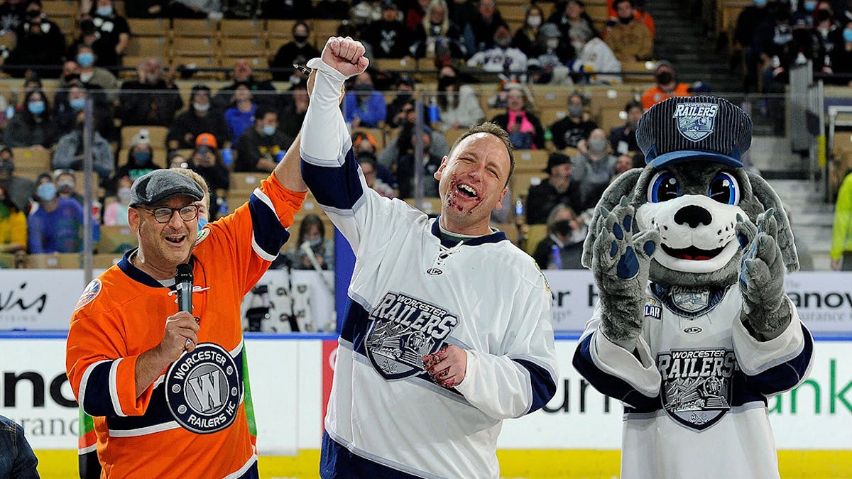 Joey Chestnut Eats Twelve Pies in Ninety Seconds In Front Of Over 10,000 Fans at Worcester Railers Opening Night Saturday